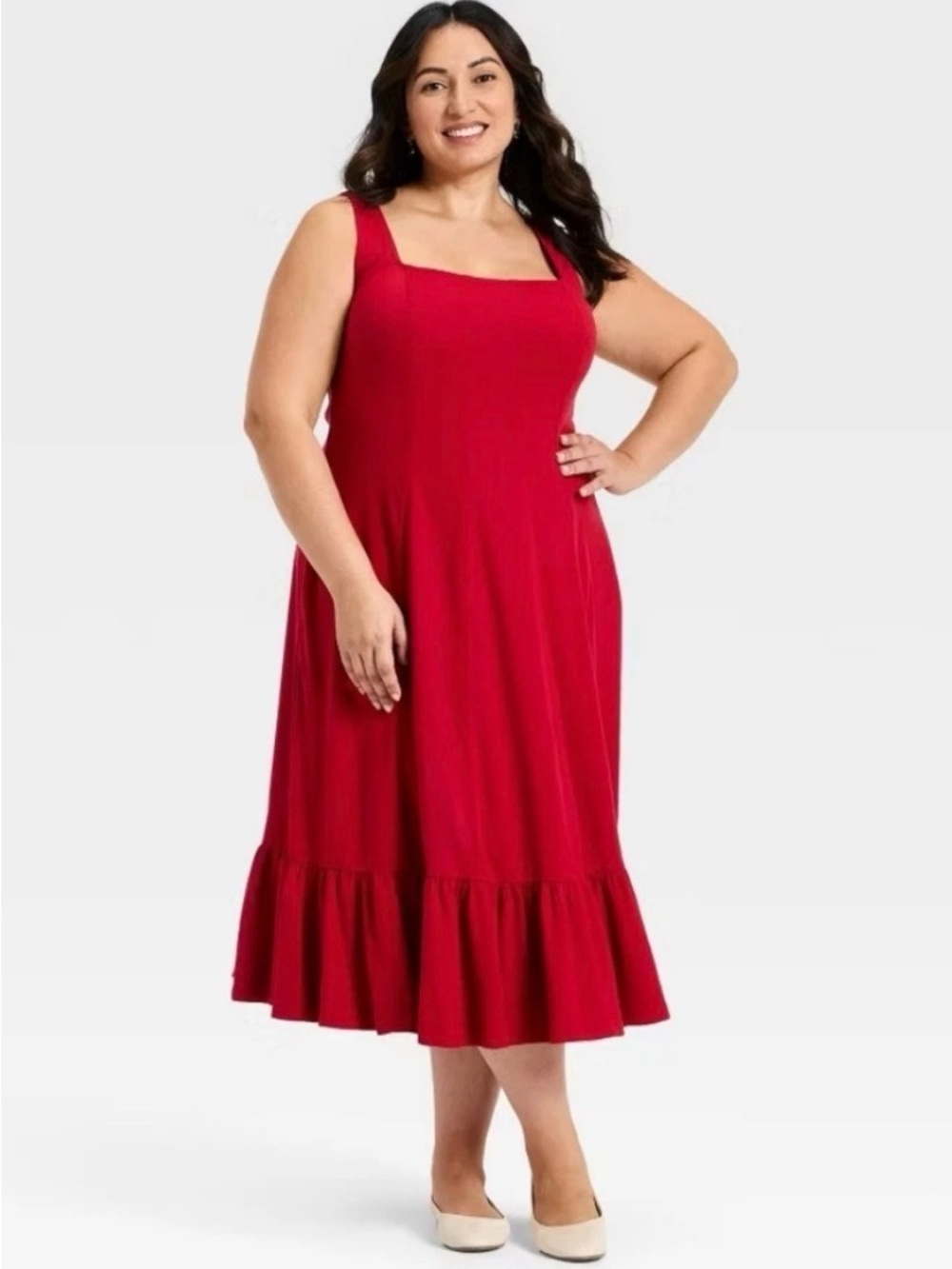 Ava & Viv Red Square-Neck Ruffle-Hem Midi Dress